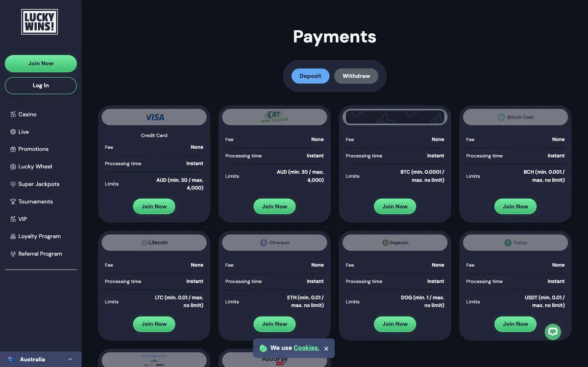 LuckyWins Casino — Payments, captured from Australia