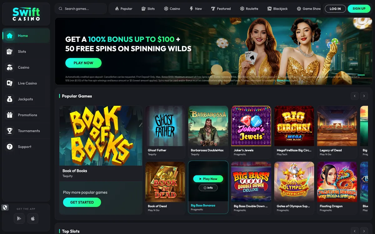 Swift Casino — Home page, captured from Canada