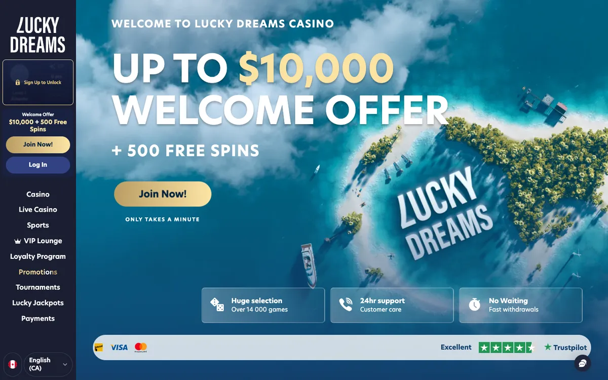 Lucky Dreams Casino — Home page, captured from Canada