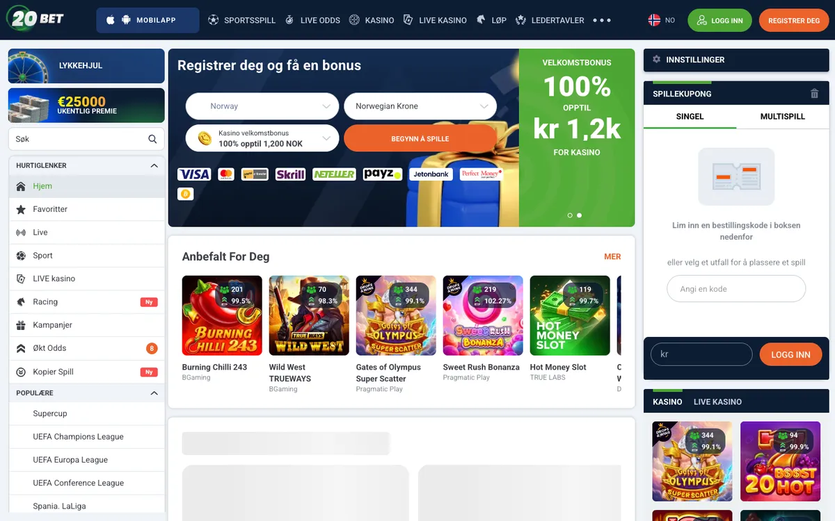 20bet Casino — Home page, captured from Norway