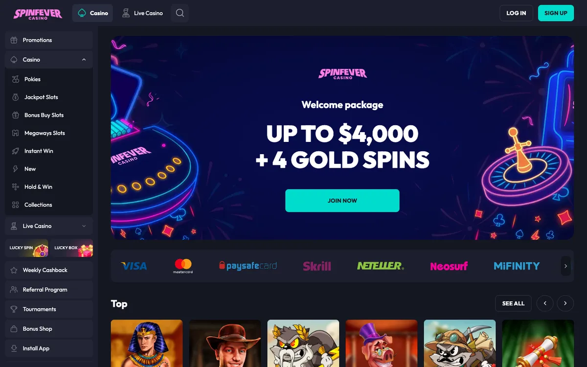 SpinFever Casino — «Главная», снято из страны Новая Зеландия