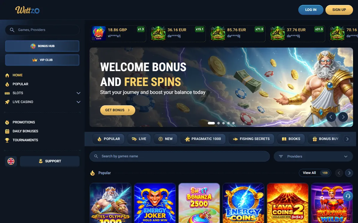 Wettzo Casino — Home page, captured from Canada