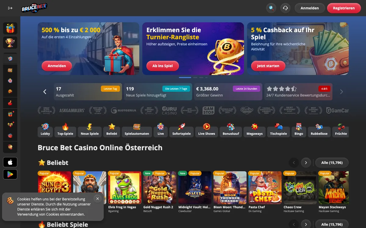 BruceBet Casino — Home page, captured from Austria