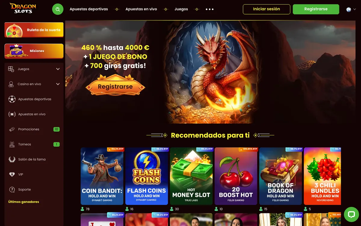 Dragonslots Casino — Home page, captured from Chile