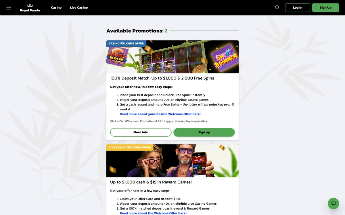 Royal Panda Casino — Promotions, captured from New Zealand