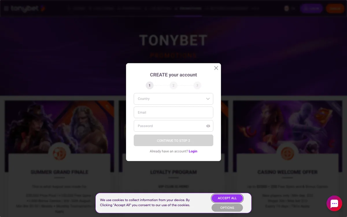 TonyBet Casino — «Акции», снято из страны Бельгия