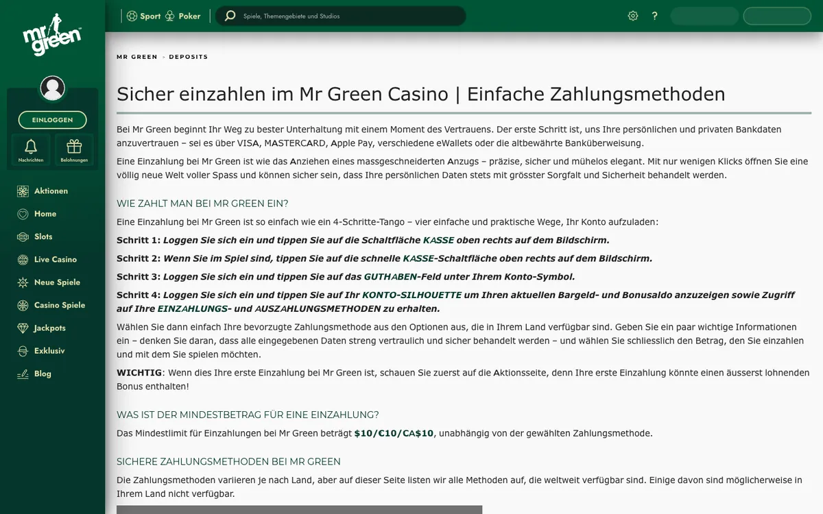 Mr Green Casino — «Платежи», снято из страны Австрия