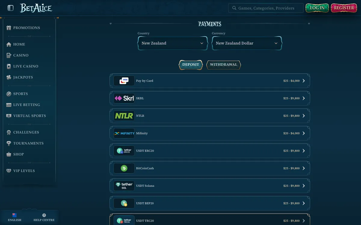 BetAlice Casino — Payments, captured from New Zealand