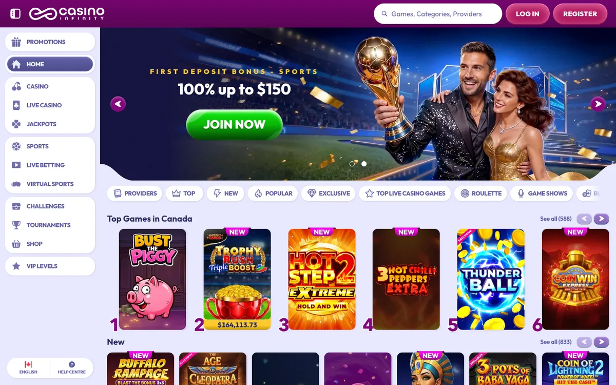 Casino Infinity — Home page, captured from Canada