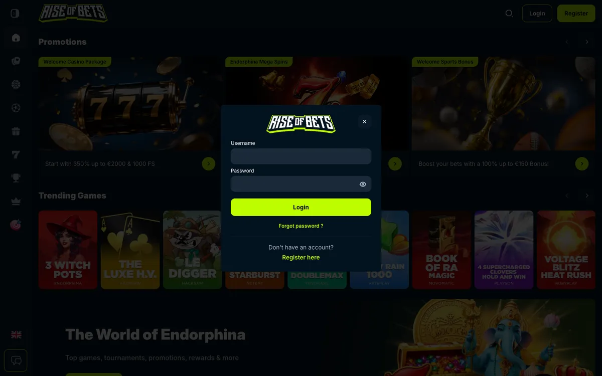 Rise of Bets Casino — Sign-up, captured from Belgium