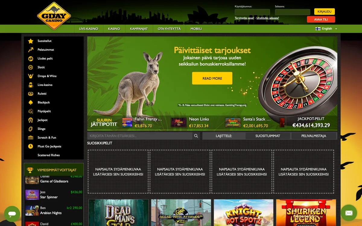 GDay Casino — Home page, captured from Finland