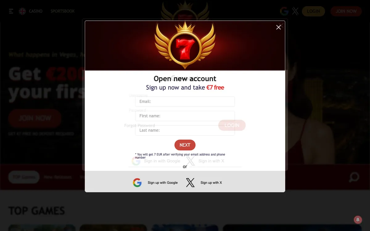 7Red Casino — Sign-up, captured from Australia