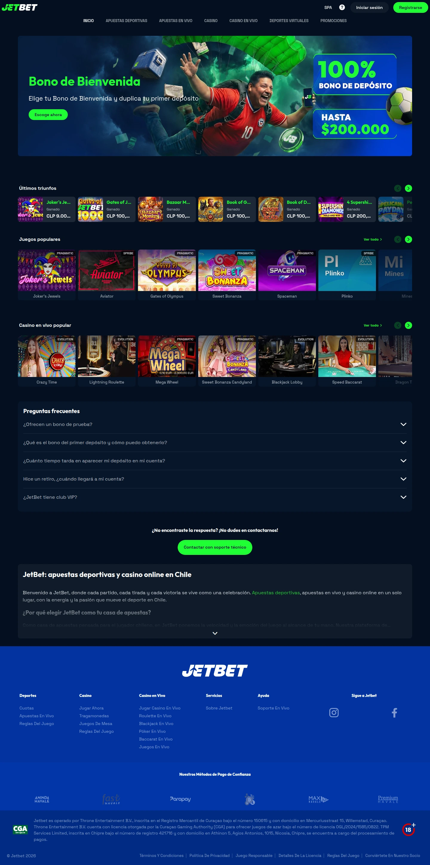 JetBet Casino — «Главная», снято из страны Чили