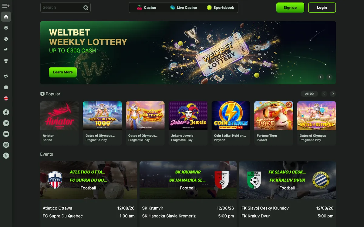 WeltBet Casino — Home page, captured from Czechia