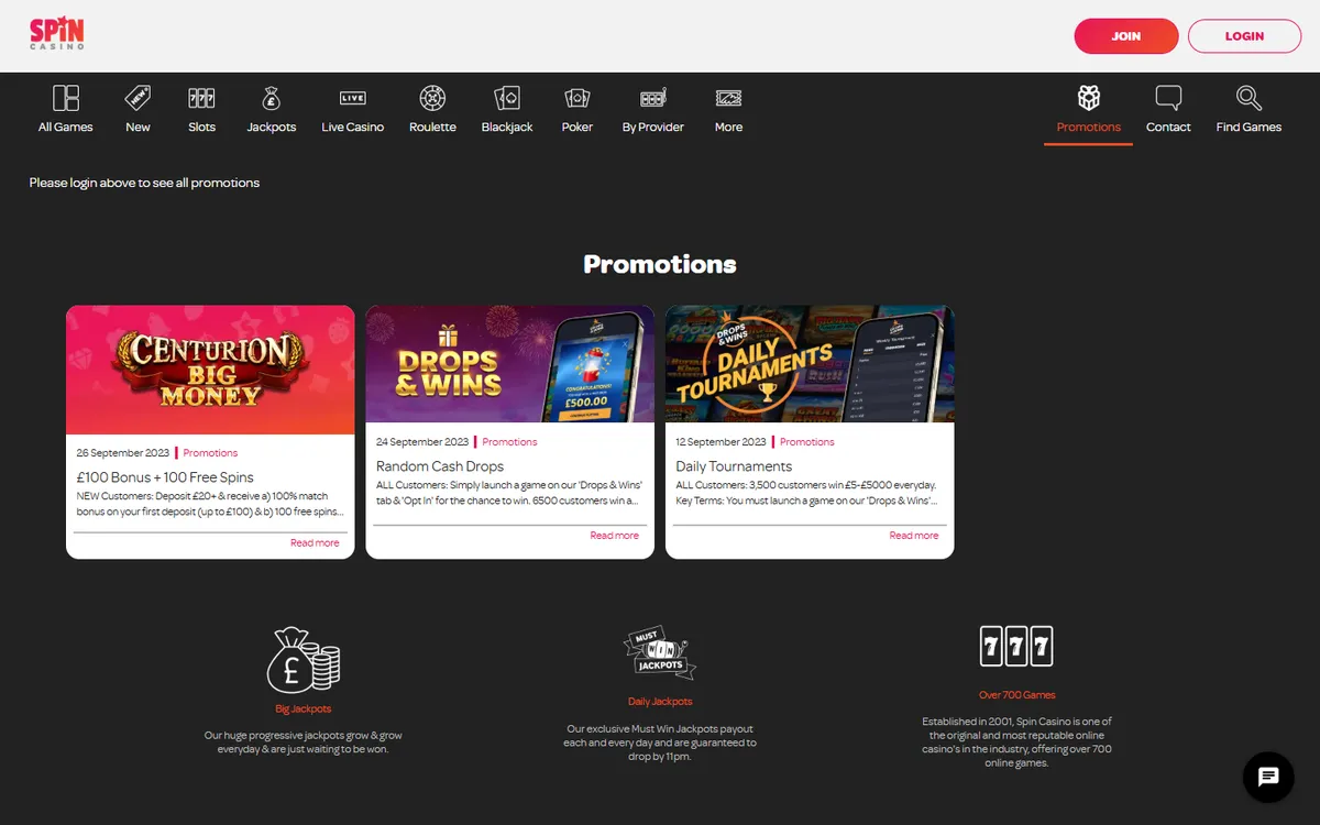 Spin Casino UK — «Акции», снято из страны Канада
