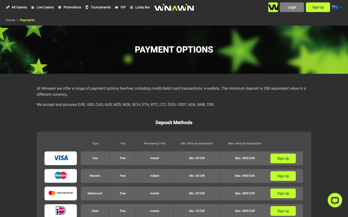 Winawin Casino — «Платежи», снято из страны Новая Зеландия