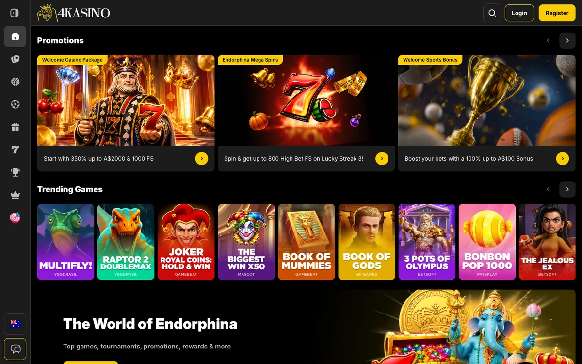 4Kasino Casino — Home page, captured from Australia