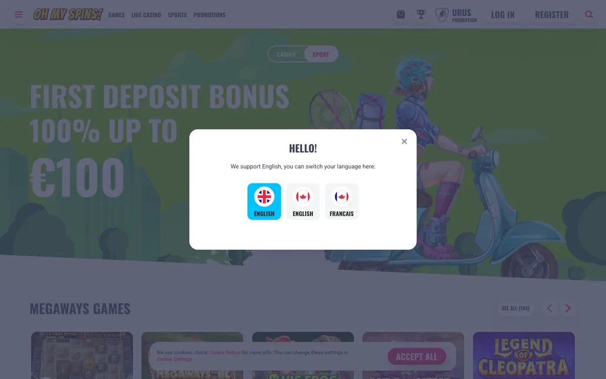 OhMySpins Casino — «Главная», снято из страны Канада