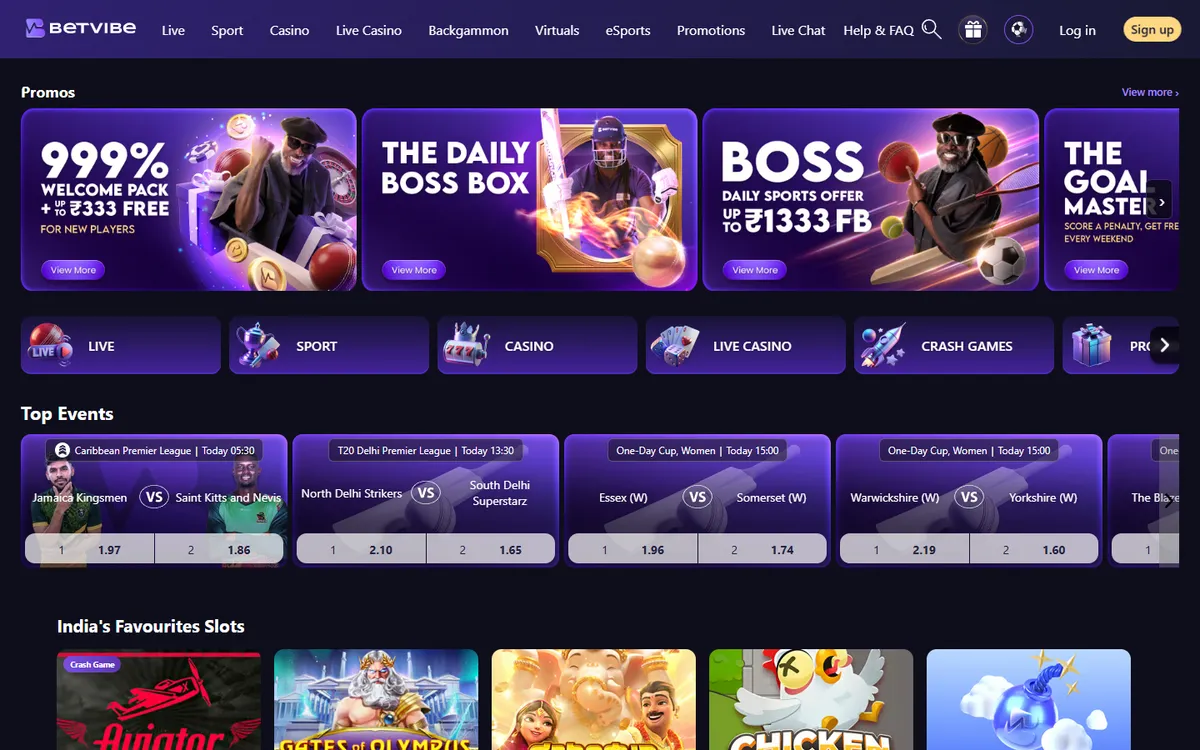 BETVIBE Casino — Home page, captured from India