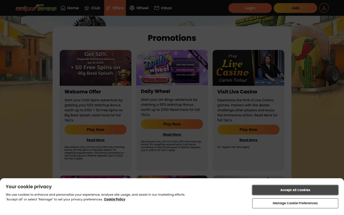 Chilli Spins Casino — Promotions, captured from Norway