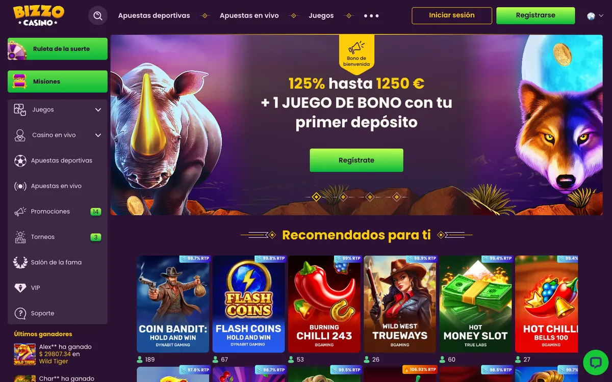 Bizzo Casino — Home page, captured from Colombia