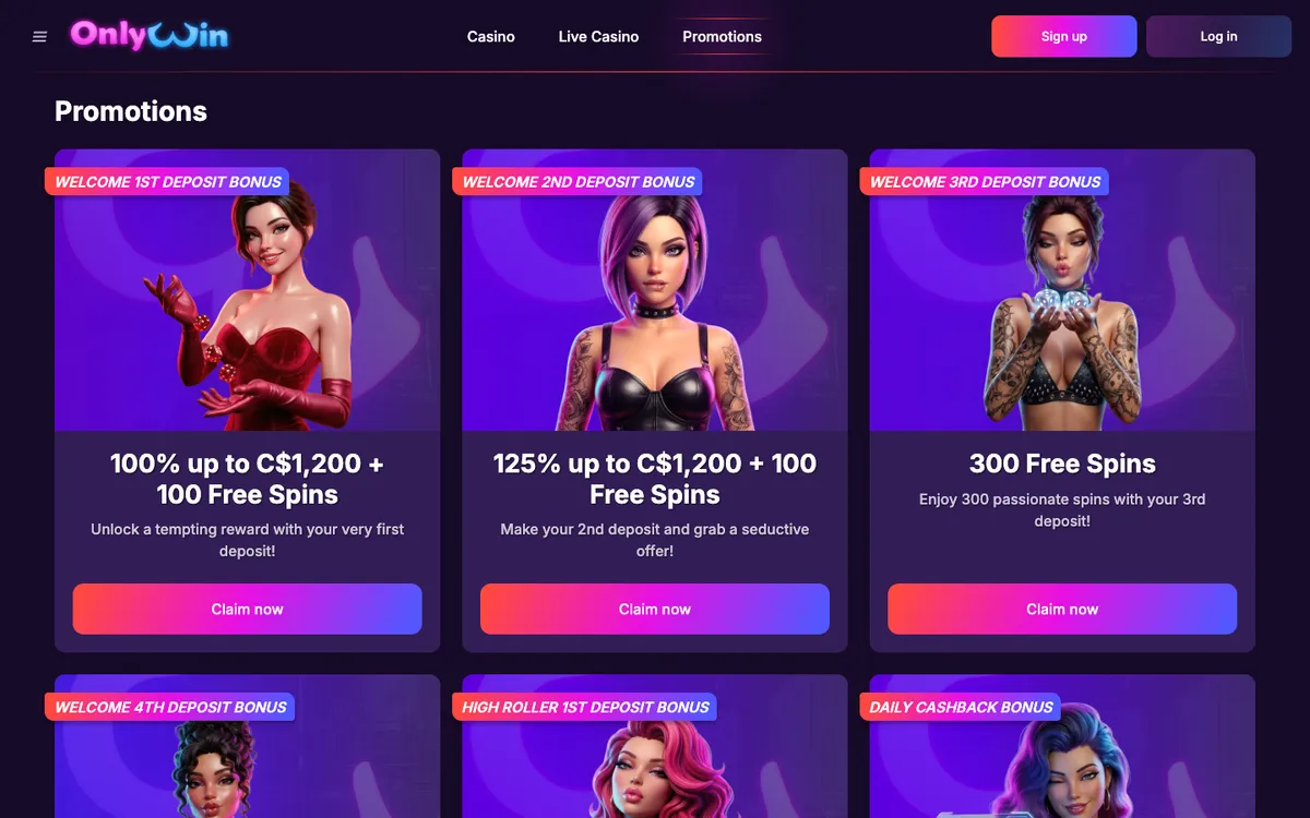 Only Win Casino — Promotions, captured from Canada