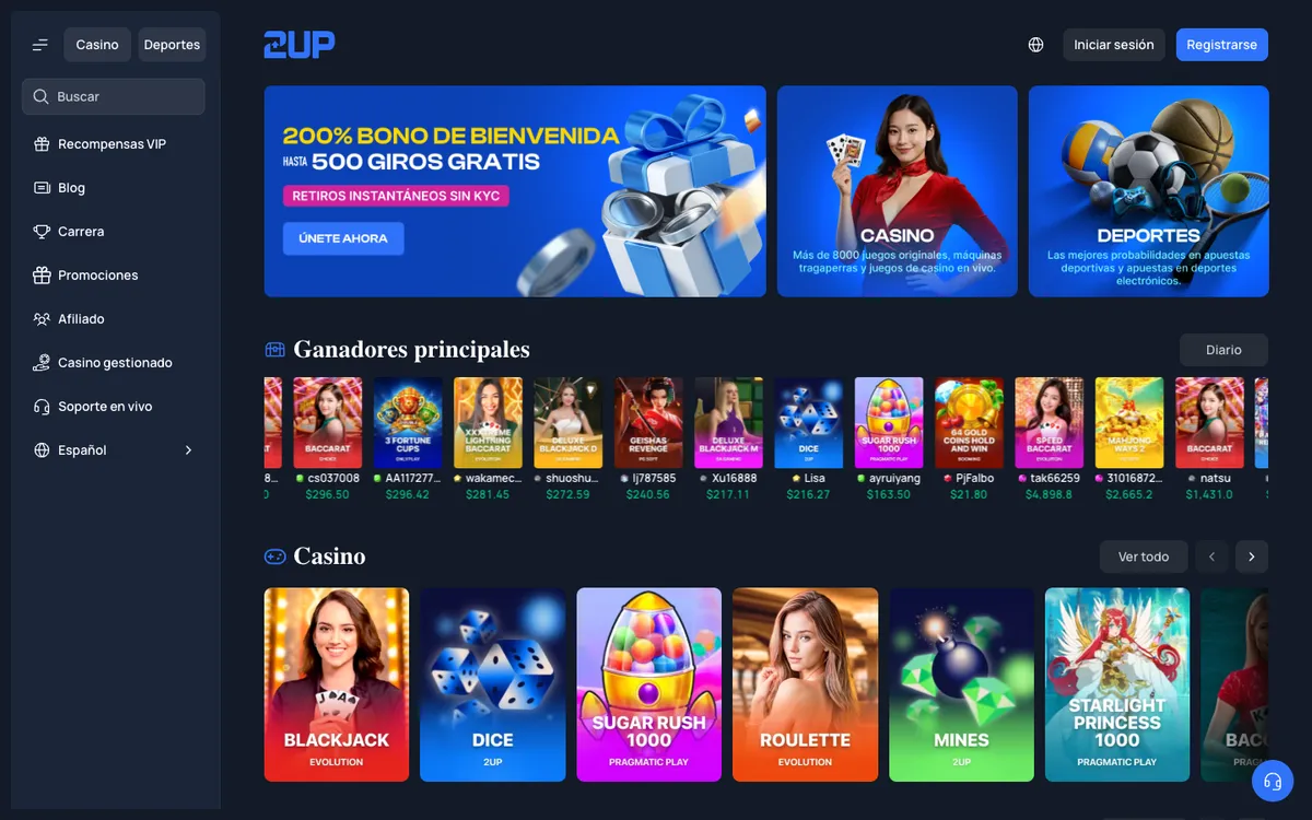 2UP Casino — Home page, captured from Spain