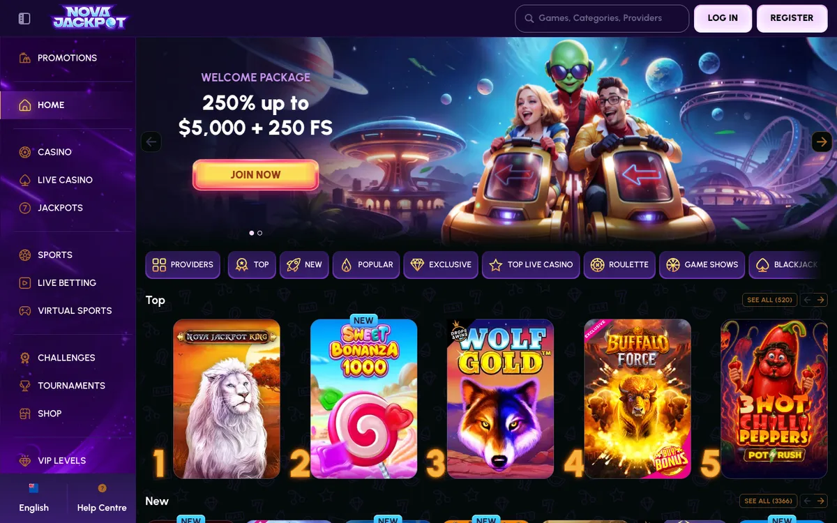 NovaJackpot Casino — Home page, captured from New Zealand