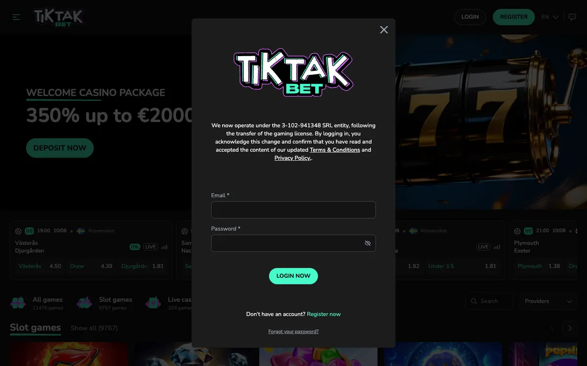 TikTak Bet Casino — Sign-up, captured from Belgium