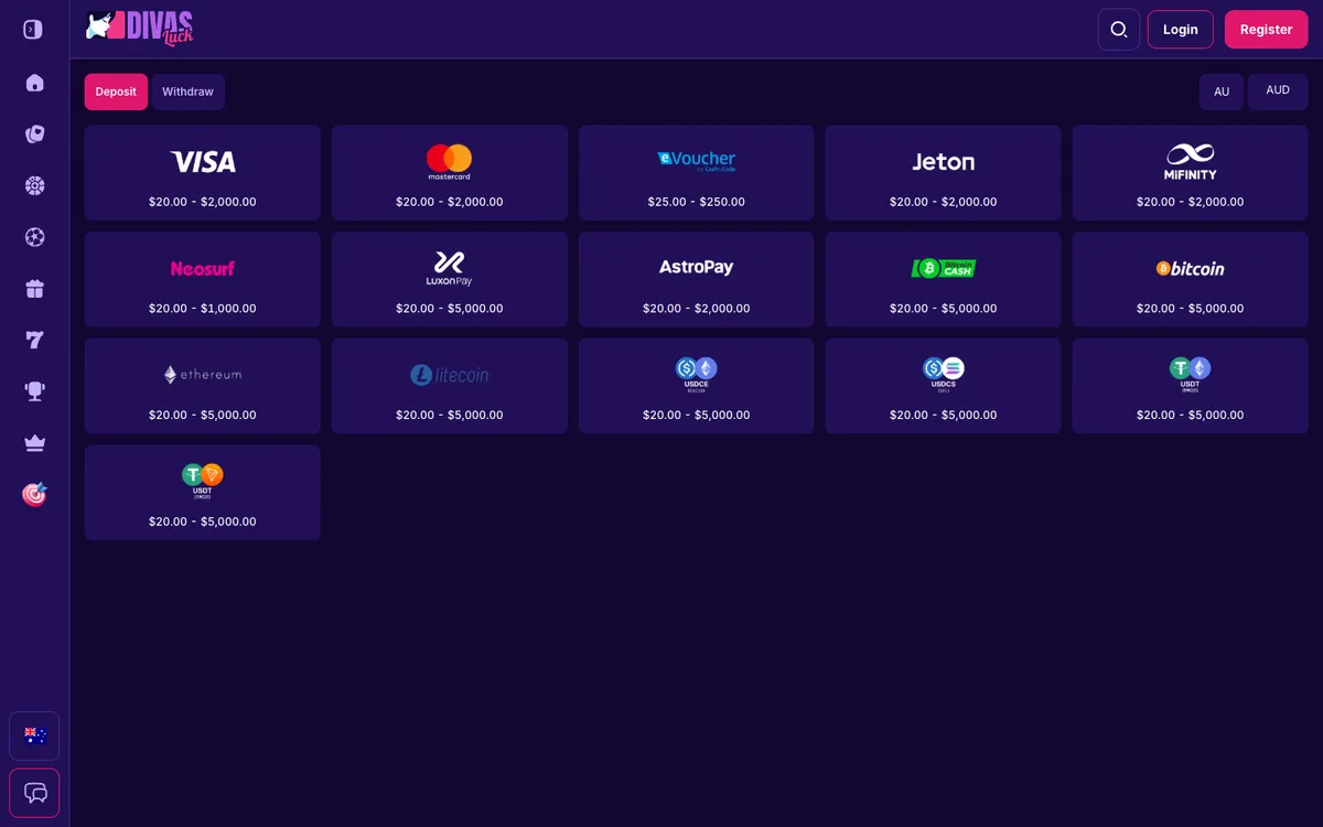 Divas Luck Casino — Payments, captured from Australia