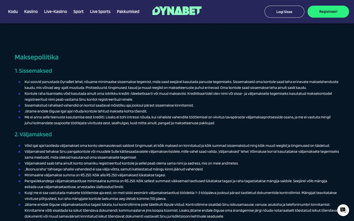 Dynabet Casino — Payments, captured from Estonia