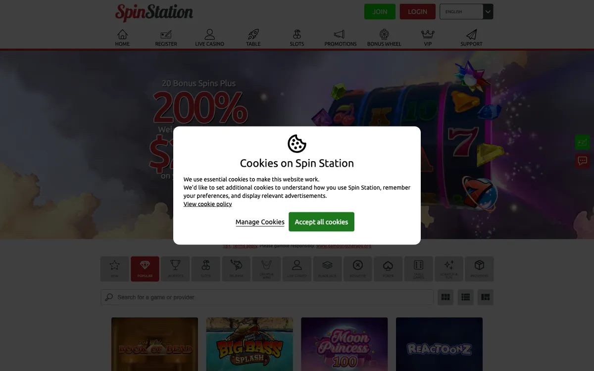 Spin Station Casino — «Главная», снято из страны Новая Зеландия