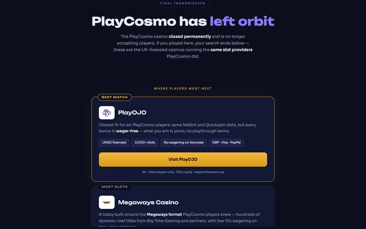 PlayCosmo Casino — «Главная», снято из страны Великобритания