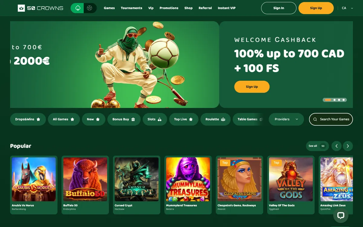 50 Crowns Casino — Home page, captured from Canada