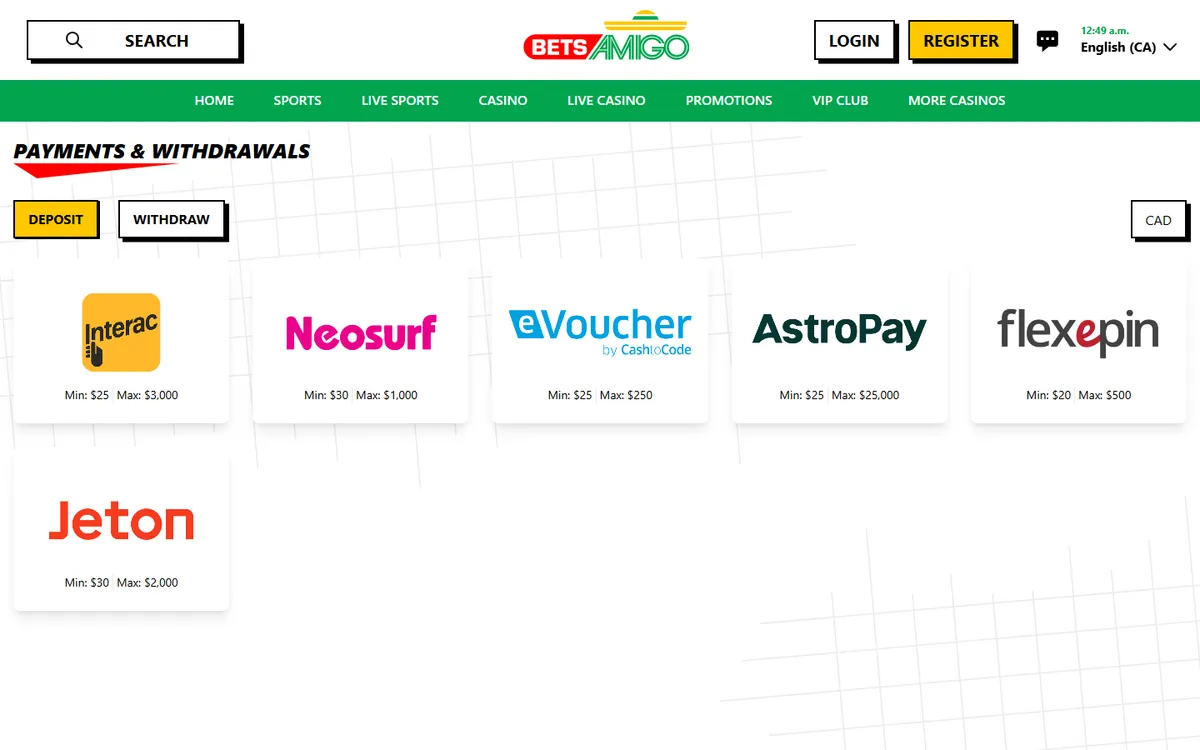 Betsamigo Casino — «Платежи», снято из страны Канада