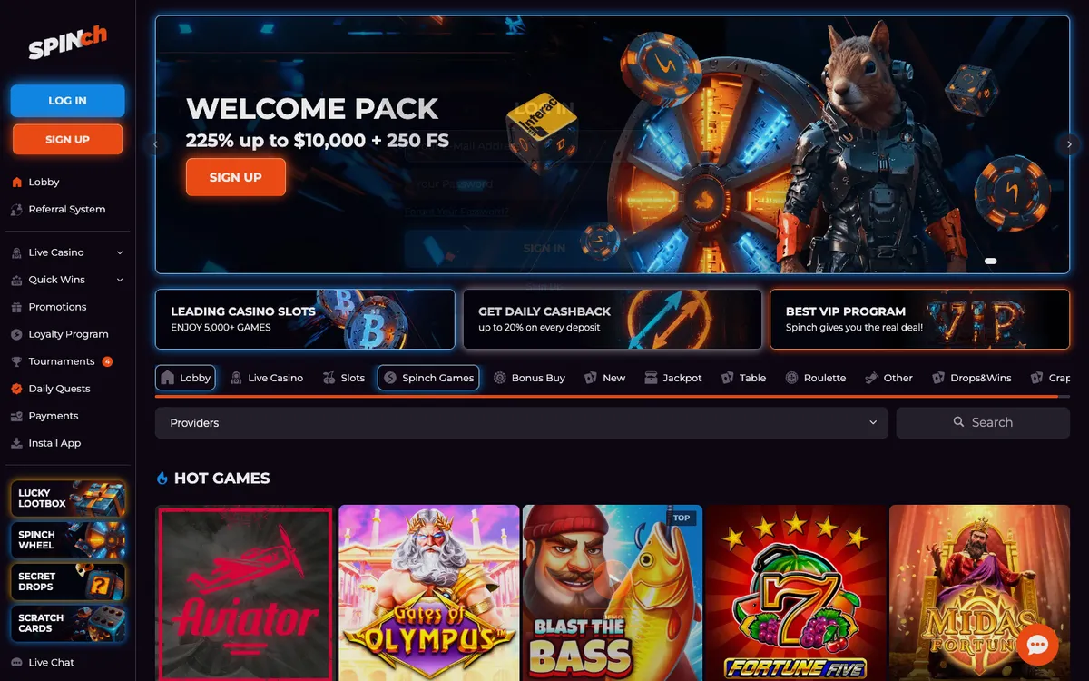 Spinch Casino — «Регистрация», снято из страны Канада