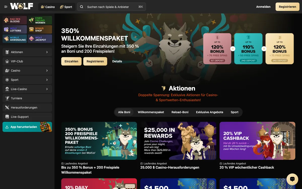 Wolf.io Casino — «Акции», снято из страны Австрия