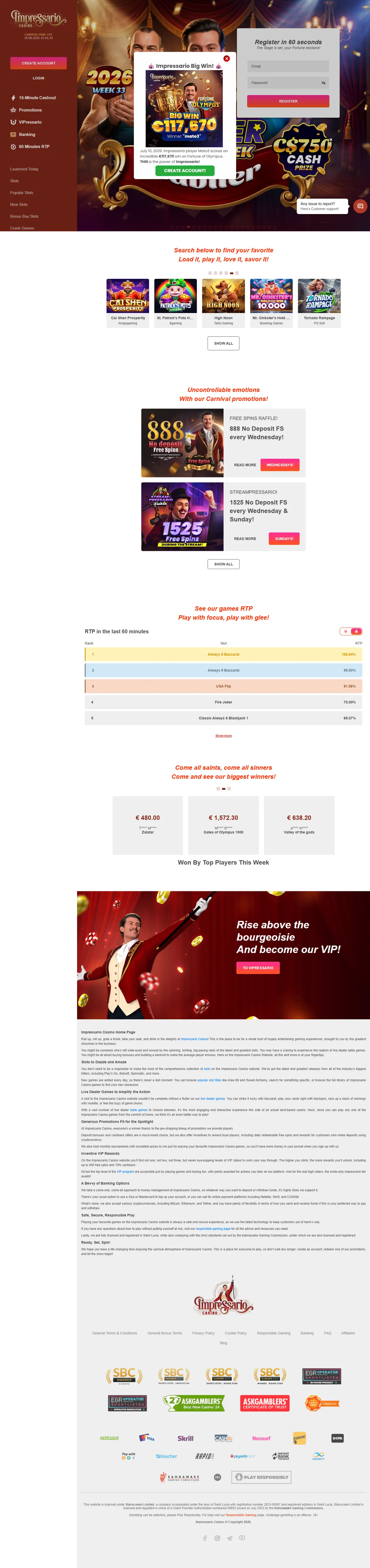 Impressario Casino — Home page, captured from Canada