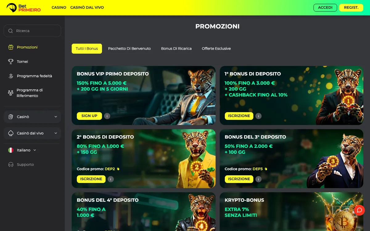 BetPRIMEIRO Casino — Promotions, captured from Italy