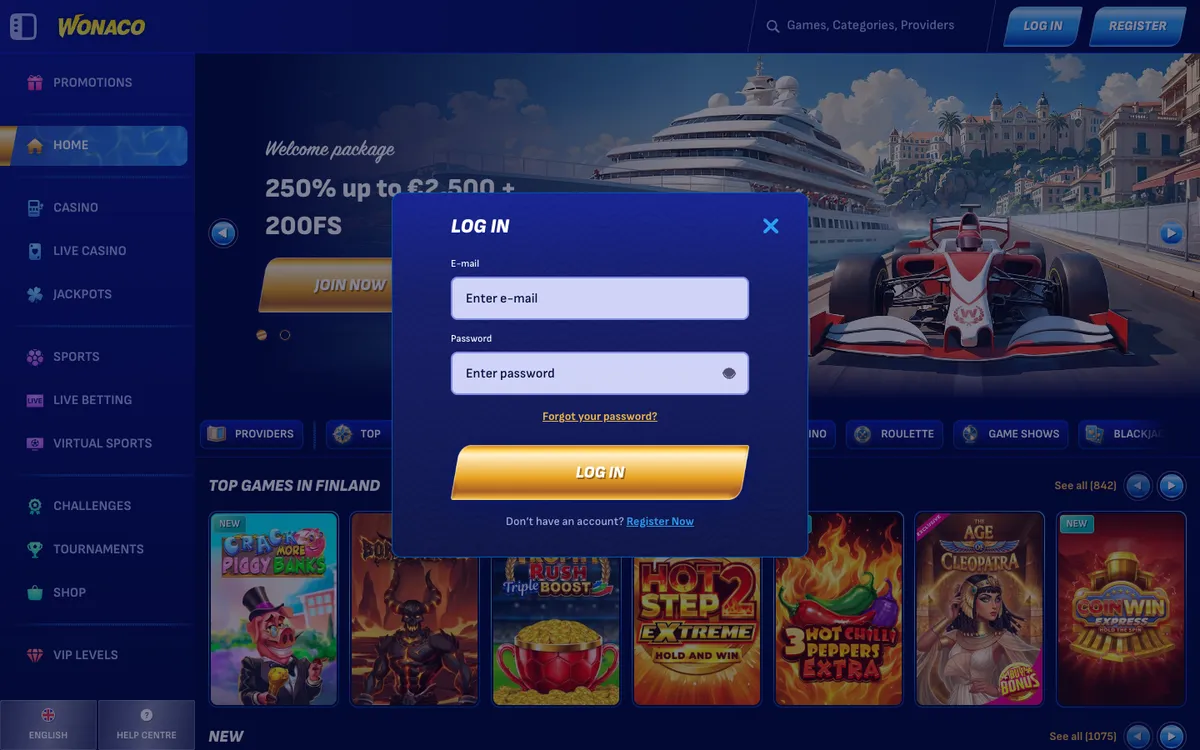 Wonaco Casino — «Регистрация», снято из страны Финляндия
