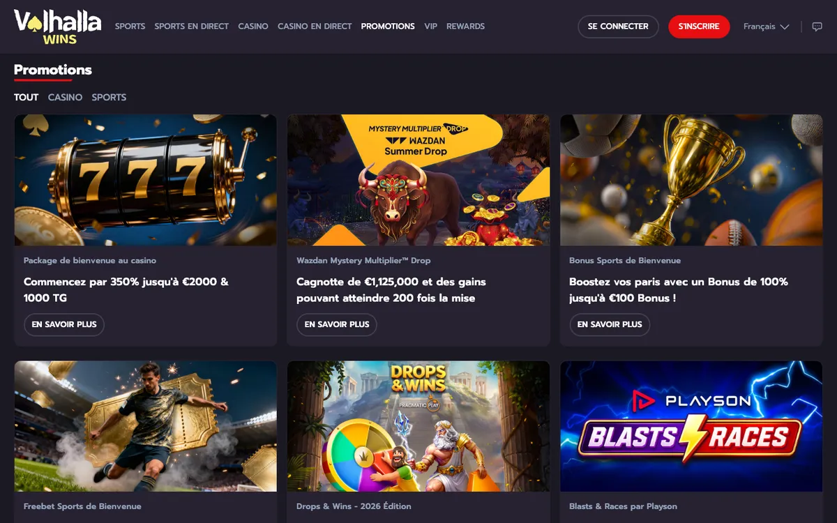 Valhalla Wins Casino — Promotions, captured from France