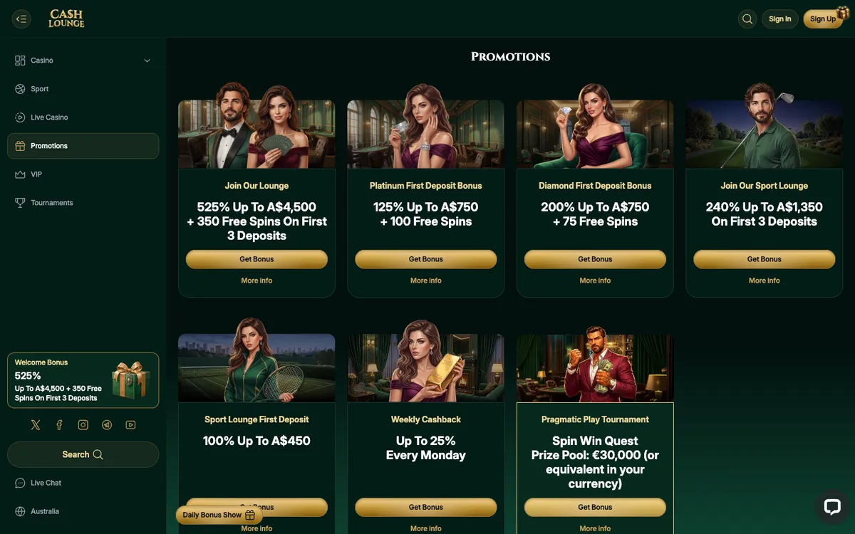 Cash Lounge Casino — Promotions, captured from Australia