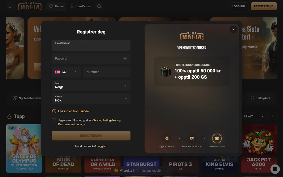 Slot Mafia Casino — Sign-up, captured from Norway