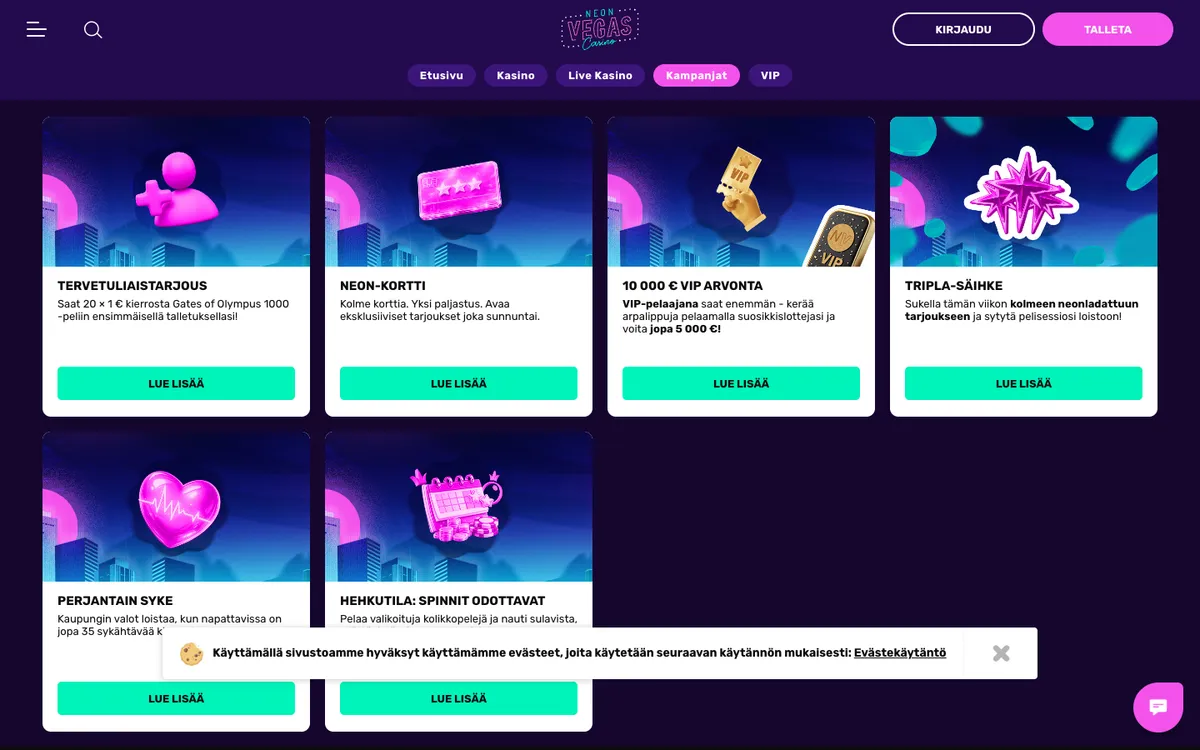 NeonVegas Casino — «Акции», снято из страны Финляндия
