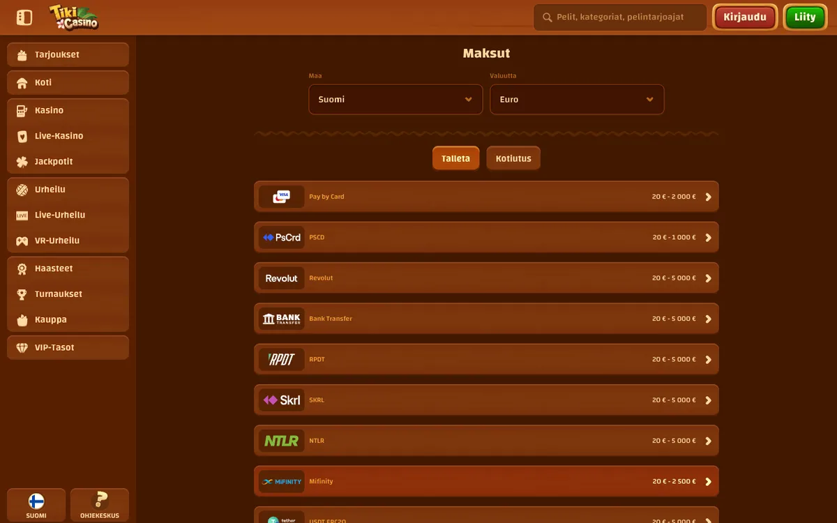 Tiki Casino — Payments, captured from Finland
