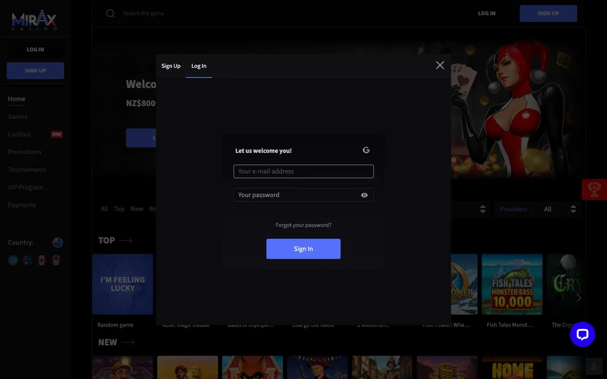 Mirax Casino — Sign-up, captured from New Zealand