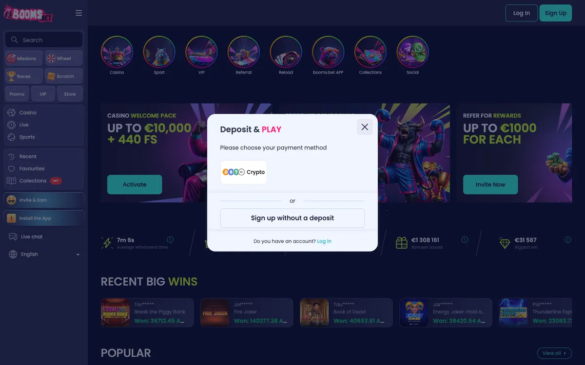 BoomsBet Casino — Home page, captured from Australia