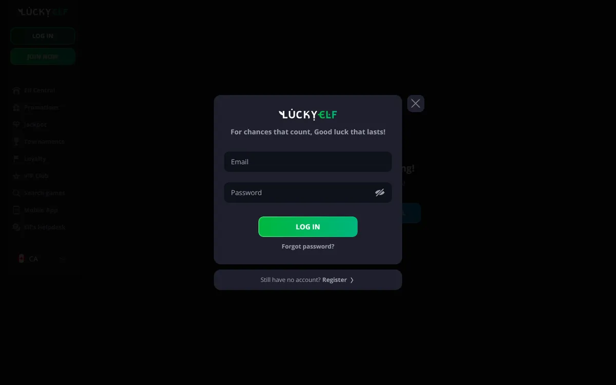 Lucky Elf Casino — Sign-up, captured from Canada