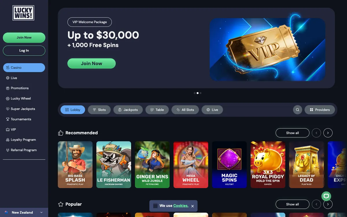 LuckyWins Casino — Home page, captured from New Zealand
