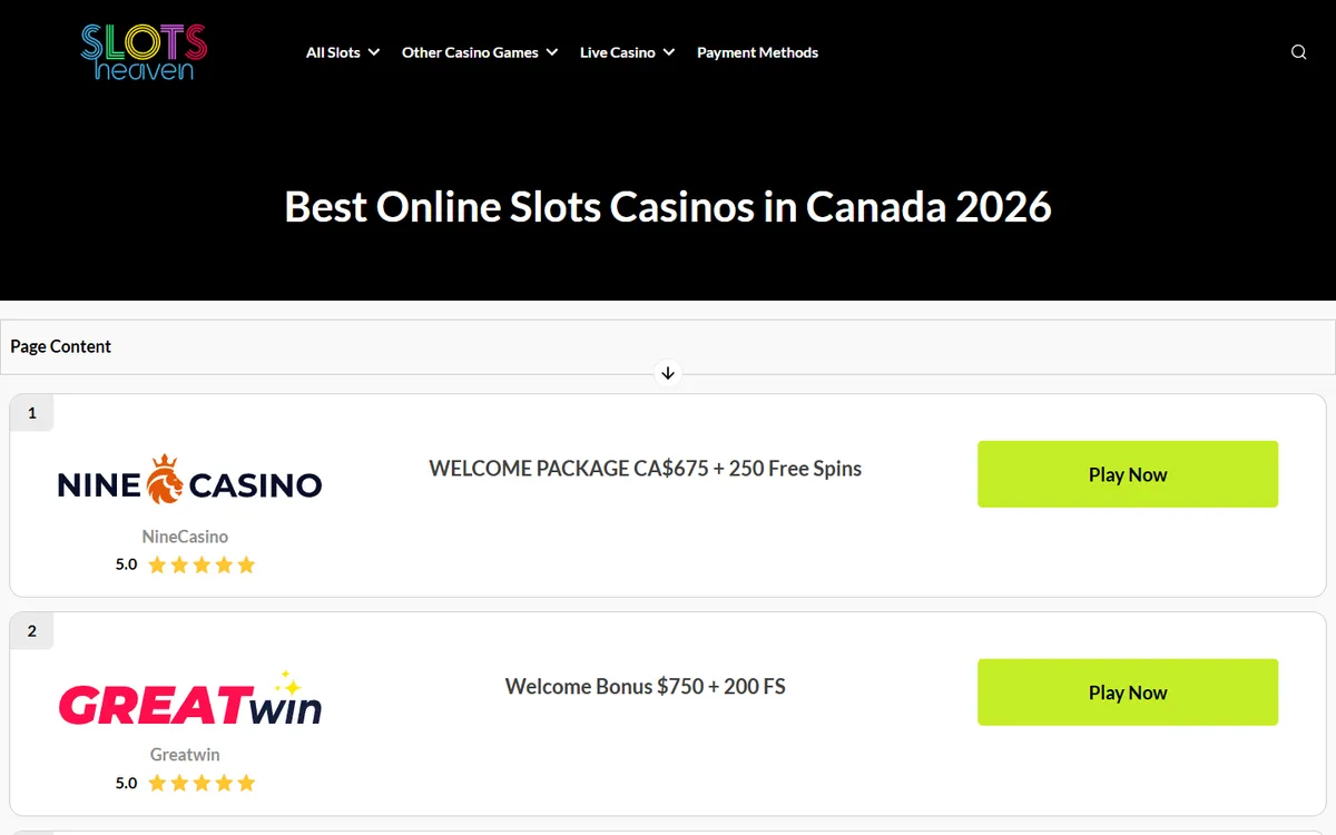 Slots Heaven Casino — Home page, captured from Canada